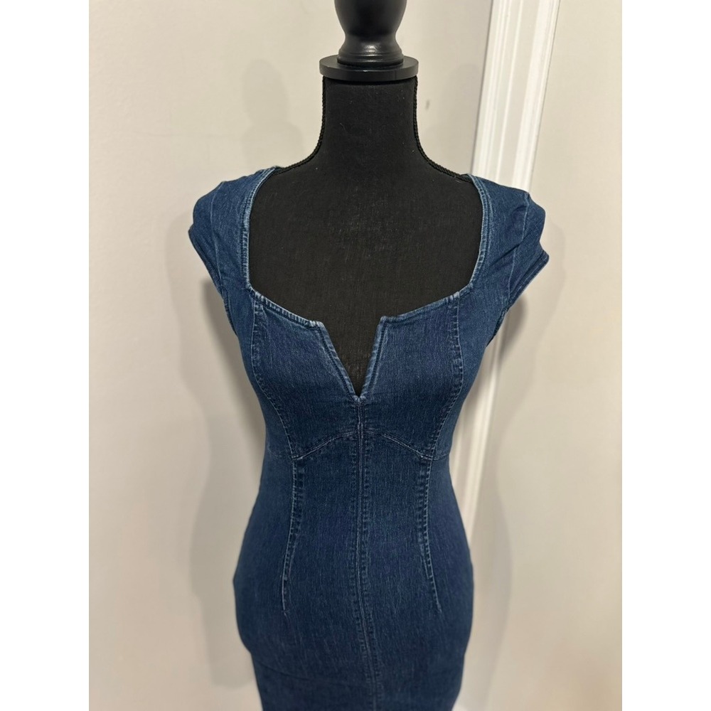 Free People Denim Mini Dress SzS Y2K Bodycon Sweetheart Dark Wash flutter sleeve